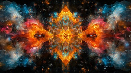 Abstract symmetrical cosmic design with vibrant colors and swirling patterns