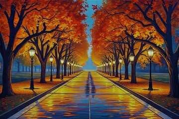 Autumn Alley at Dusk: Golden Reflections