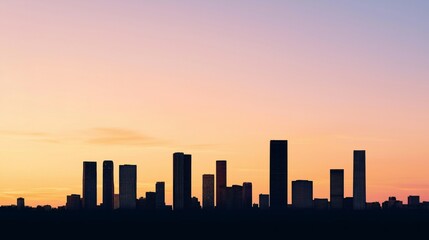 Silhouetted skyscrapers create a striking outline against a vibrant sunset sky, blending warm hues and cool tones as daylight fades into twilight