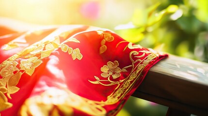 Vibrant red scarf with golden embroidery symbolizes youth and hope, evoking warmth and inspiration.
