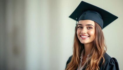 This image portrays a young female graduate beaming with joy. She is wearing a traditional black graduation cap and gown. Her long, wavy brown hair cascades down her shoulders.