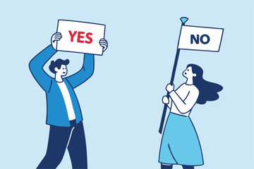 Yes, No argument or disagreement, conflict fight debate, dilemma, dispute or office rivalry war, struggle, negative discussion concept, businessman and woman arguing or fight with yes and no sign.