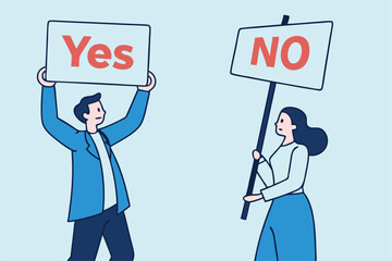 Yes, No argument or disagreement, conflict fight debate, dilemma, dispute or office rivalry war, struggle, negative discussion concept, businessman and woman arguing or fight with yes and no sign.
