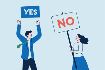 Yes, No argument or disagreement, conflict fight debate, dilemma, dispute or office rivalry war, struggle, negative discussion concept, businessman and woman arguing or fight with yes and no sign.