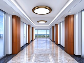 Sleek modern office hallway featu rich wood paneling, luxurious marble floors, and expansive with city views