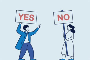Yes, No argument or disagreement, conflict fight debate, dilemma, dispute or office rivalry war, struggle, negative discussion concept, businessman and woman arguing or fight with yes and no sign.