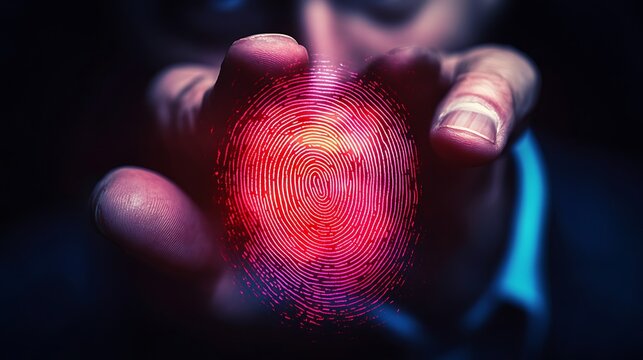 Glowing red fingerprint hovering over a hand.