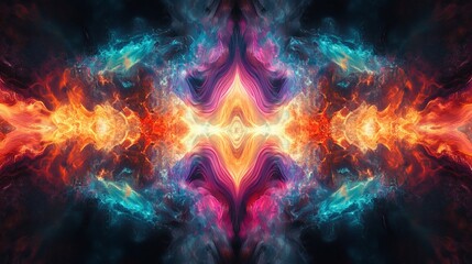 Abstract symmetrical pattern of swirling vibrant colors, resembling fire and smoke.  Intricate, mirrored design with a central focus