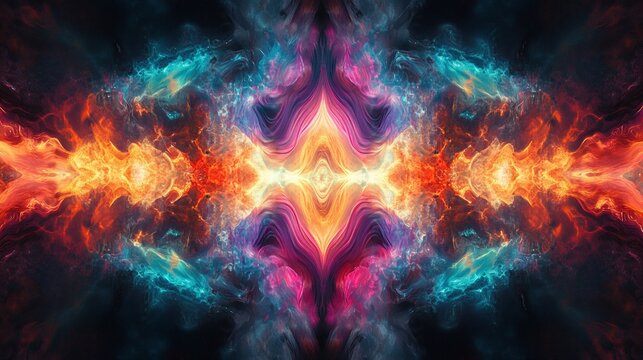 Abstract symmetrical pattern of swirling vibrant colors, resembling fire and smoke.  Intricate, mirrored design with a central focus