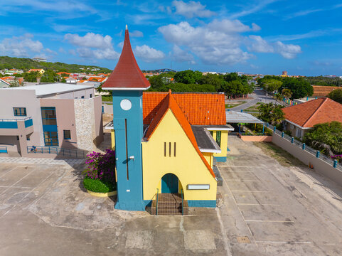 Cornerstone Church aerial view on Laufferstraat in Otrobanda center in city of Willemstad, Curacao. Historic Willemstad is a UNESCO World Heritage Site. 