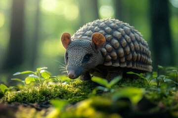Armadillo in Lush Green Habitat Exploring the Wilderness - Generative AI