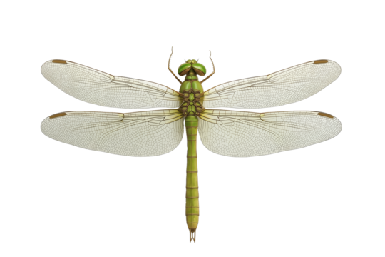 PNG cut out isolated background. A detailed top view of a green darner dragonfly, highlighting its elongated green body, large compound eyes, and intricately veined transparent wings.