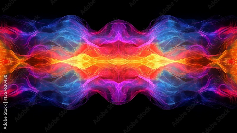 Poster abstract symmetrical swirling patterns of vibrant colors against a black background. intricate, flui
