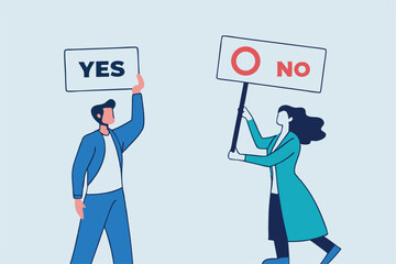 Yes, No argument or disagreement, conflict fight debate, dilemma, dispute or office rivalry war, struggle, negative discussion concept, businessman and woman arguing or fight with yes and no sign.