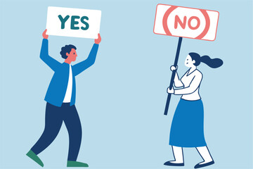 Yes, No argument or disagreement, conflict fight debate, dilemma, dispute or office rivalry war, struggle, negative discussion concept, businessman and woman arguing or fight with yes and no sign.
