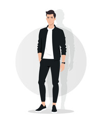 Sporty Young Man in Black Tracksuit with Sneakers Looking Confident and Stylish