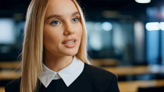 Confident Professional: A poised blonde woman of European descent, adorned in a professional dress, exudes confidence and focus, as she shares her expertise in a contemporary setting.