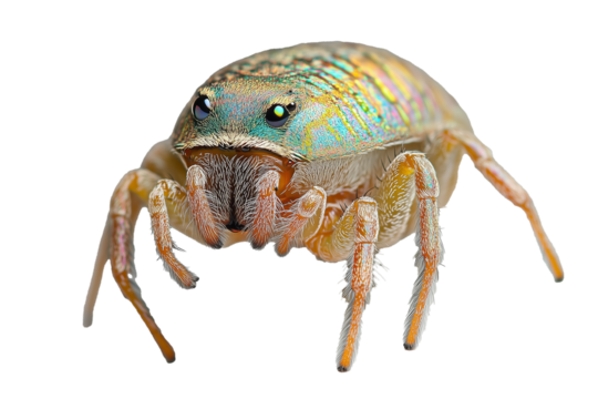 PNG cut out isolated background. A hyper-detailed macro image of a peacock spider showcasing its vibrant iridescent coloration, hairy legs, and multiple emerald-hued eyes.