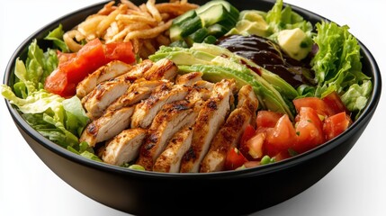Delicious and healthy chicken salad bowl with fresh vegetables shown