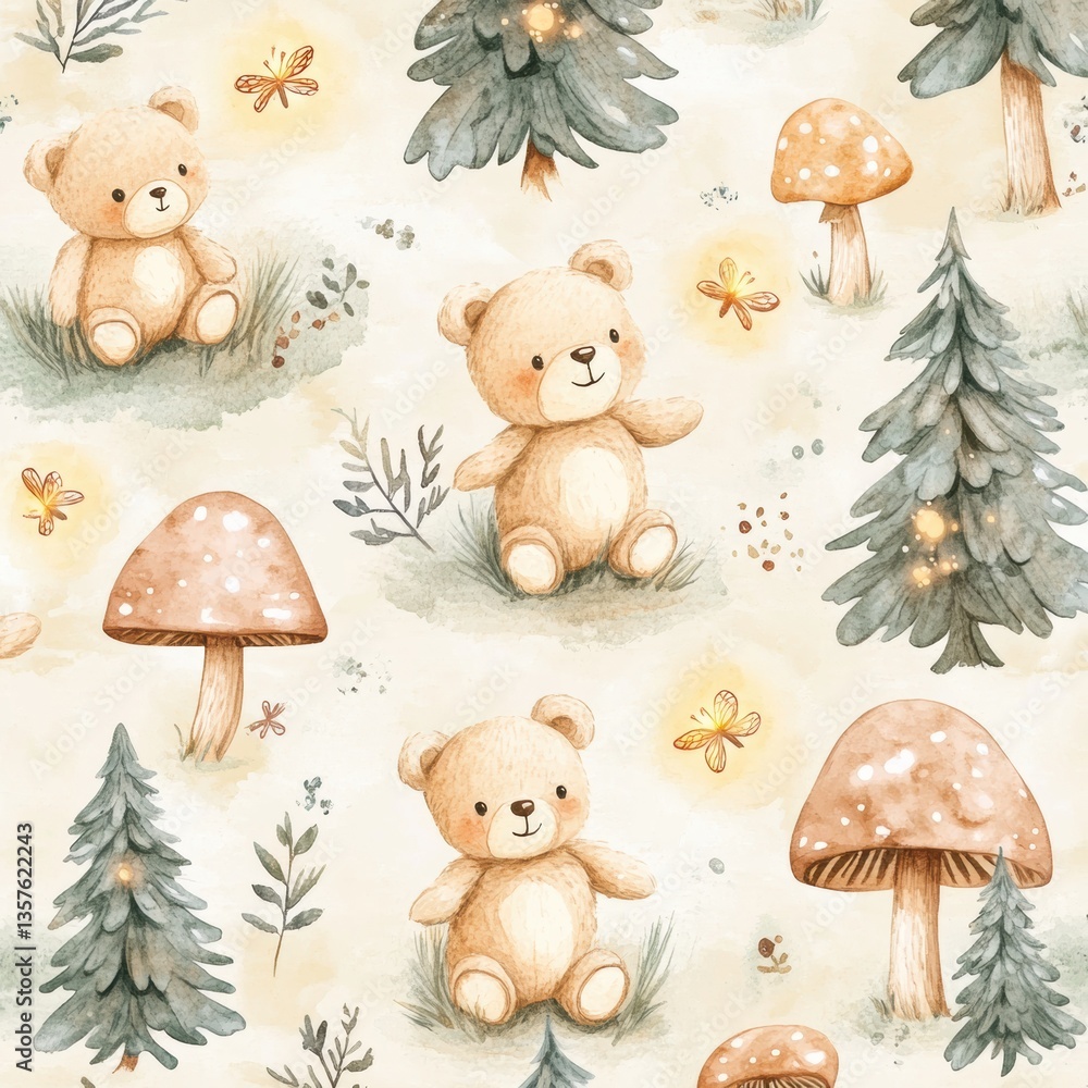 Poster charming teddy bears exploring a magical forest filled with glowing fireflies and whimsical trees in