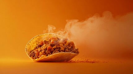 Decadent taco scene with greasy beef and cheese on bright orange background