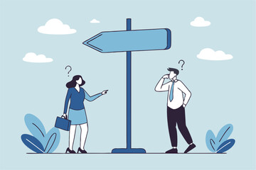Doubt, unsure or uncertainty, decision to go right way, confusion, problem or choose direction, contemplation for career opportunity concept, business people think with question mark to go right way.