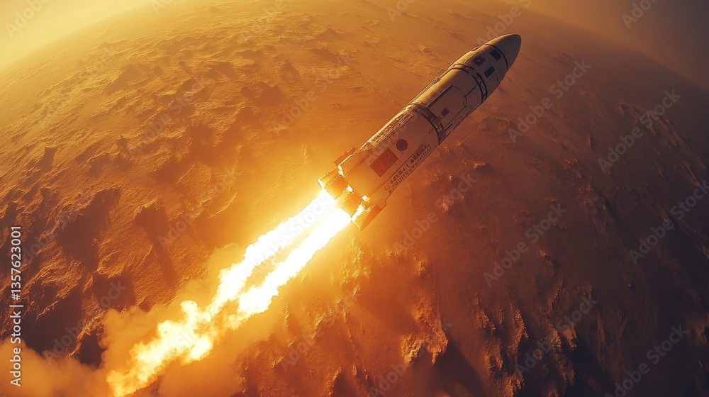 Poster The rocket ignites its engines for retropropulsion while descending toward a foreign landscape, demonstrating advanced propulsion technology for safe reentry and landing.