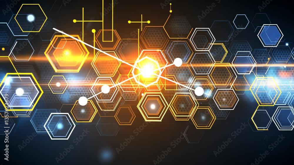 Poster hexagonal shapes and glowing lights in tech design generative ai