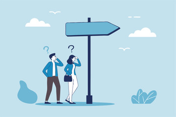 Doubt, unsure or uncertainty, decision to go right way, confusion, problem or choose direction, contemplation for career opportunity concept, business people think with question mark to go right way.