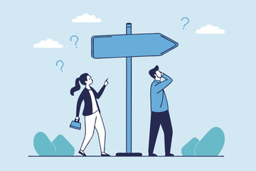 Doubt, unsure or uncertainty, decision to go right way, confusion, problem or choose direction, contemplation for career opportunity concept, business people think with question mark to go right way.