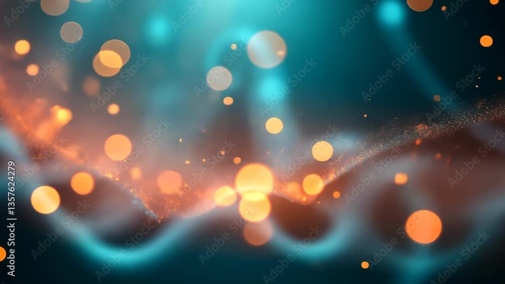Poster abstract bokeh light background with swirling teal and orange particles in blur