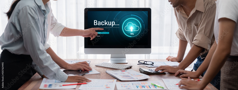 Poster Backup Storage Data Internet Technology Business concept. Database storage cloud technology file data transfer sharing, cyber, big data information, internet banking application download upload brisk