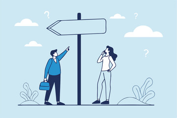Doubt, unsure or uncertainty, decision to go right way, confusion, problem or choose direction, contemplation for career opportunity concept, business people think with question mark to go right way.
