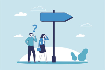 Obraz premium Doubt, unsure or uncertainty, decision to go right way, confusion, problem or choose direction, contemplation for career opportunity concept, business people think with question mark to go right way.