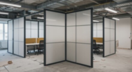 View of office cubicles with desks and chairs in a blurred office space with overhead lighting