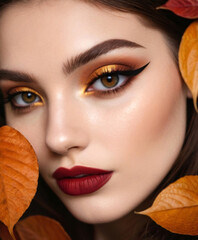 Close-Up of Face with Autumn Leaves and Bold Orange Eyeshadow