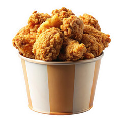A bucket of crispy fried chicken, golden and flavorful, perfect for sharing at family gatherings or picnics.