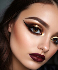 Close-Up of Face with Dramatic Evening Makeup and Gold Eyeshadow