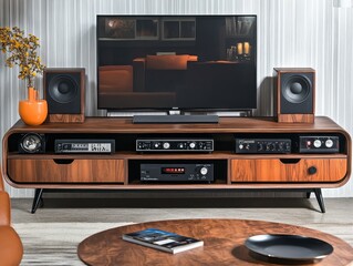 Fototapeta premium Dark Wood Media Console with Black Metal Legs and Rounded Design