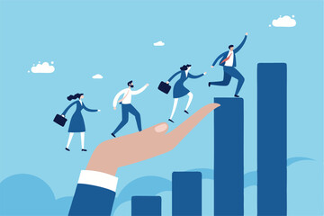 Growth assistance, support or help to success, growing business, career path or leadership helping employee achievement, manager support concept, businessman hand help people climb growth graph.