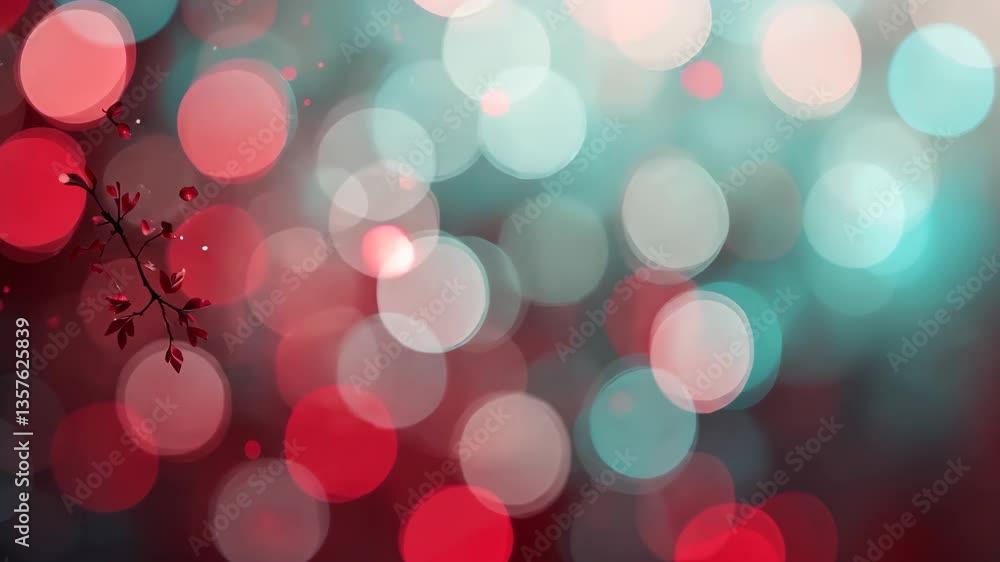 Poster abstract bokeh lights background in red and teal colors with a delicate branch detail and soft illum