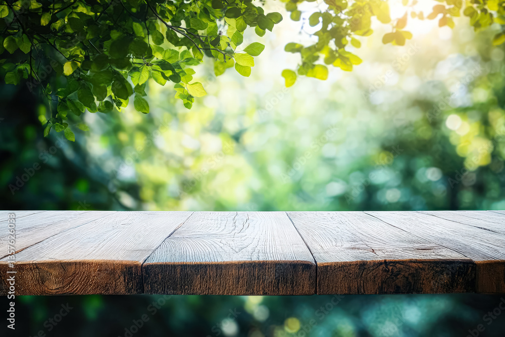 Poster wooden table with a view of trees and leaves. the table is empty and has a natural, peaceful feel to