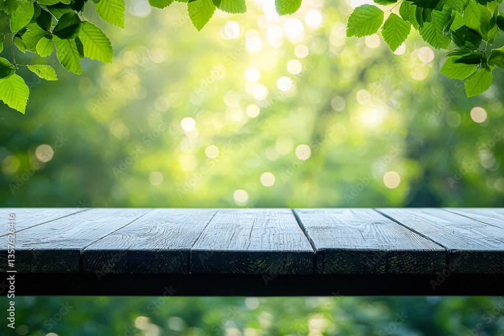Poster wooden table with a view of trees and leaves. the table is empty and the view is very peaceful