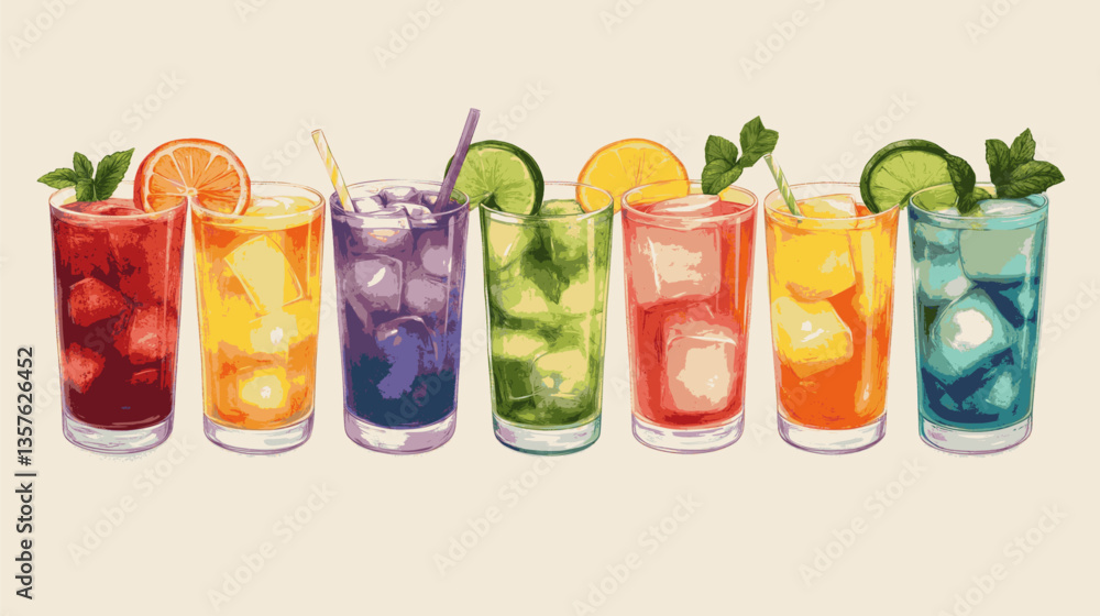 Poster a row of colorful drinks with a straw in each glass. the drinks are in a row and are of different co