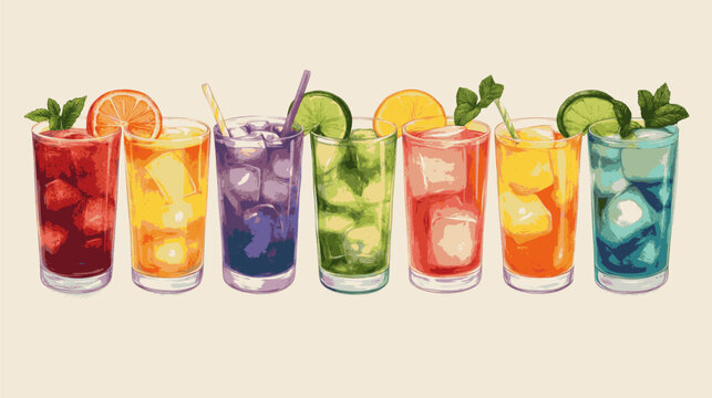 A row of colorful drinks with a straw in each glass. The drinks are in a row and are of different colors