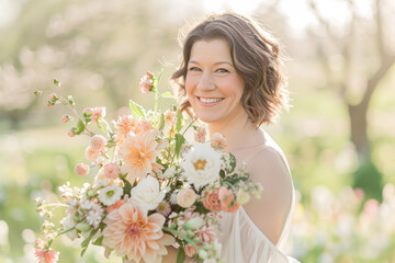 Fototapeta premium Smiling female holding floral bouquet in sunlit garden