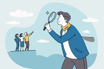 Analyze candidate, employee performance review, evaluation or analysis, choose recruitment applicants, staff or finding right person for job concept, businessman analyzing employee or job candidates.