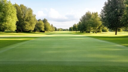 Expansive golf course fairway, lush green, trees line the horizon, inviting scenery