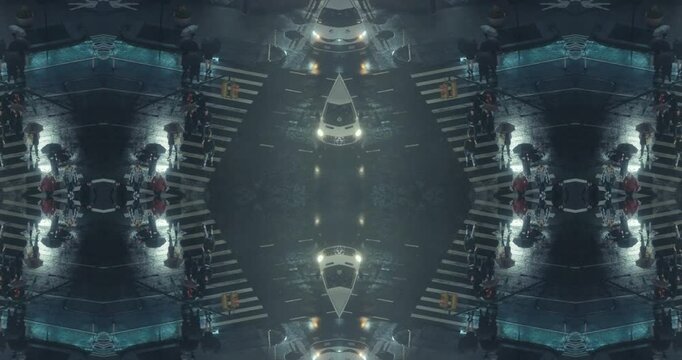 Kaleidoscope effect of New York City pedestrians, buildings, and traffic at night