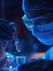 Scientist Examining Test Tube with Glowing Blue Liquid – Close-Up Photography